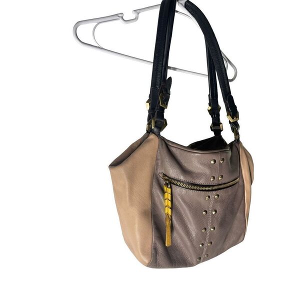orYANY Neutral Colorblock Pebble Leather Double Zipper Studded Tote Shoulder Bag - Picture 4 of 12